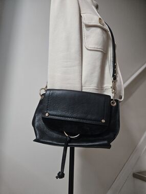 Mint Velvet Women’s Black Leather Suede  Crossbody Bag with Gold Accents